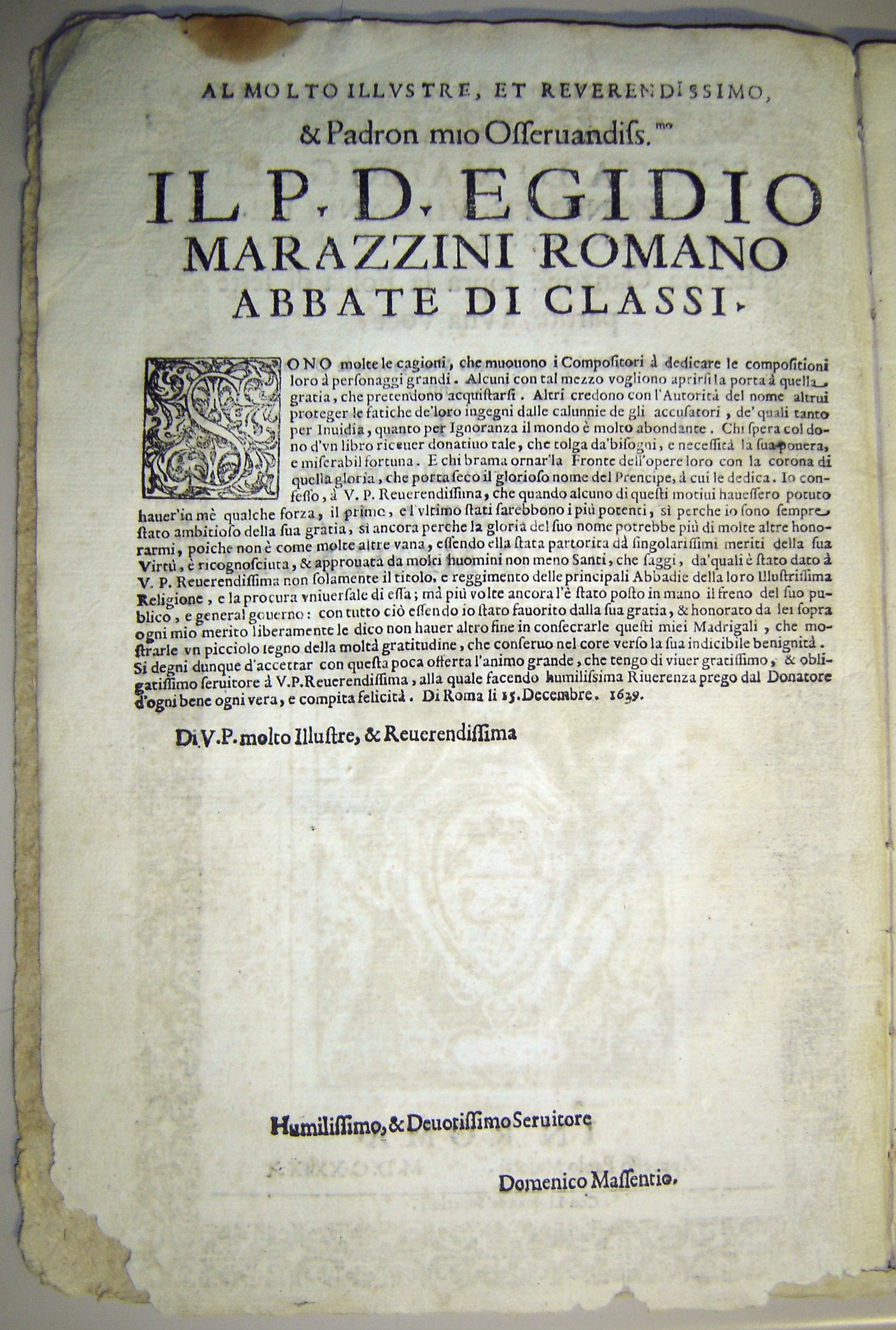 Dedicatoria di Domenico Massenzio per la Scelta di madrigali del 1629